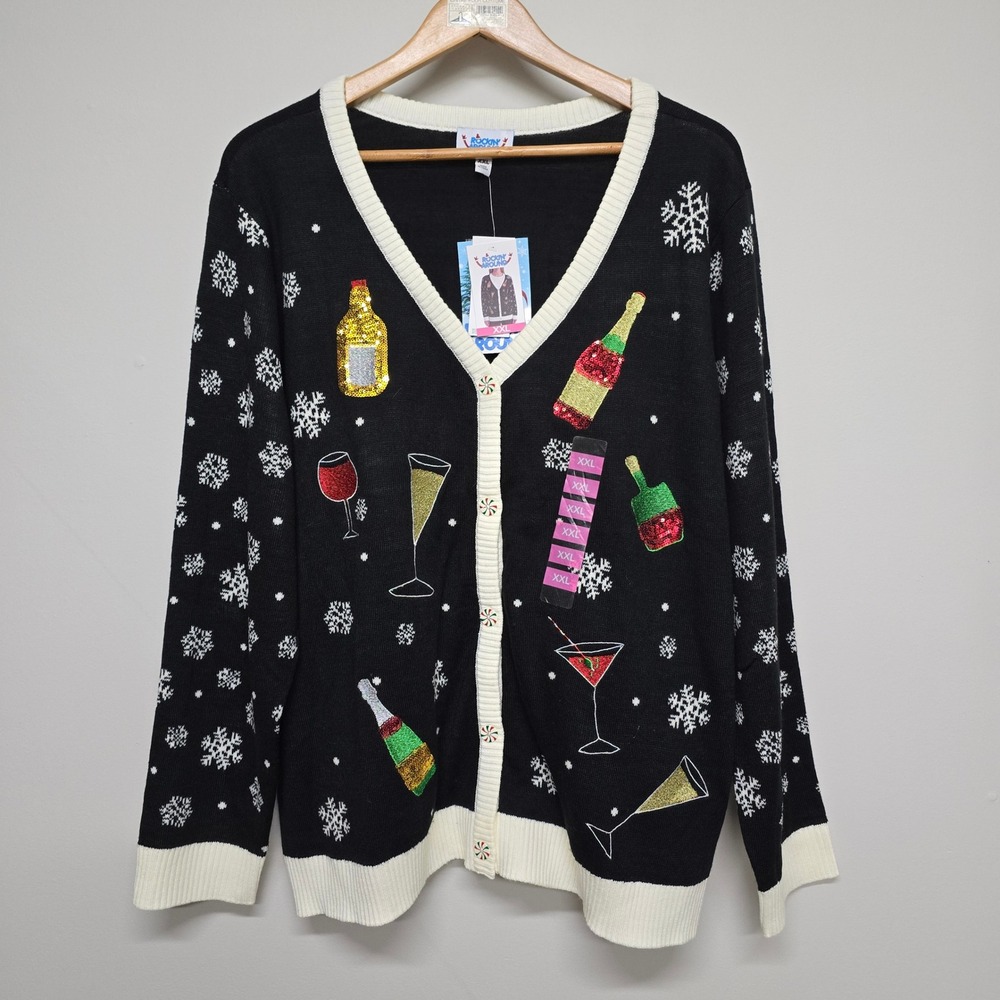 Rockin Around Christmas Cardigan Women XXL Black Sequin Cocktail Ugly Holiday